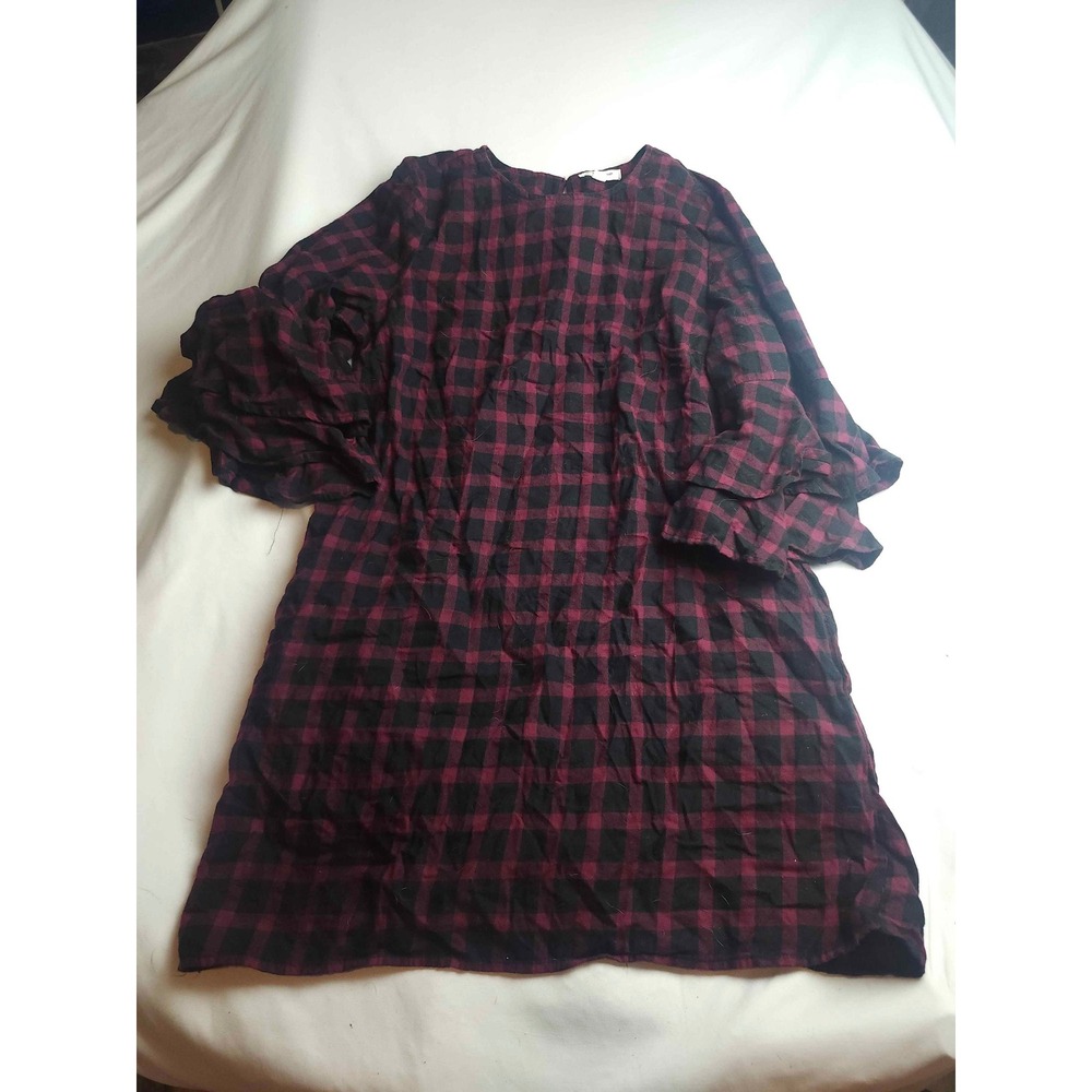 Beachlunchlounge Womens Plaid Ruffle Sleeve Dress‎ Burgundy Buffalo Check Large